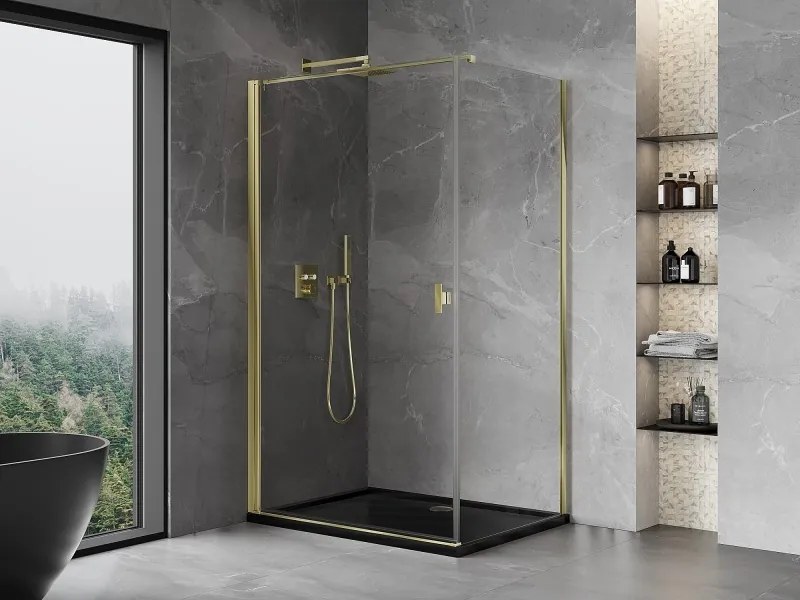 Mexen Mist-B, 1-krídlový výklopný sprchový kút 90 x 75 cm, číre sklo, zlatý lesklý profil, 8A2T-090-075-50-00