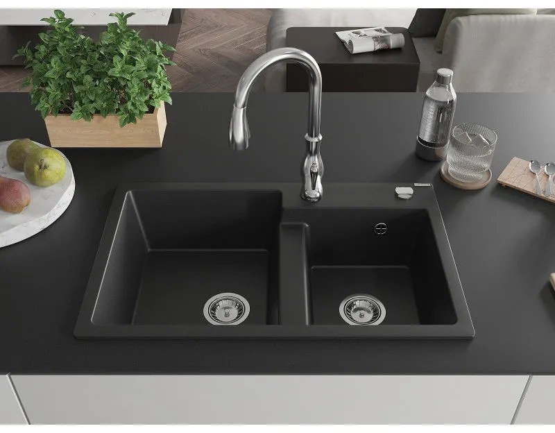 Mexen Tomas, granitový drez 800x500x190 mm, 2-komorový a drezová batéria Savita, čierna, 6516-77-672601-00