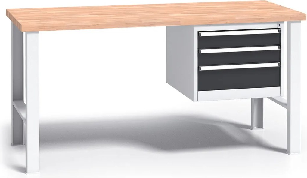 Pracovný stôl do dielne G3 so závesným boxom na náradie, buková škárovka, 3 zásuvky, pevné kovové nohy, 1500 mm, grafit