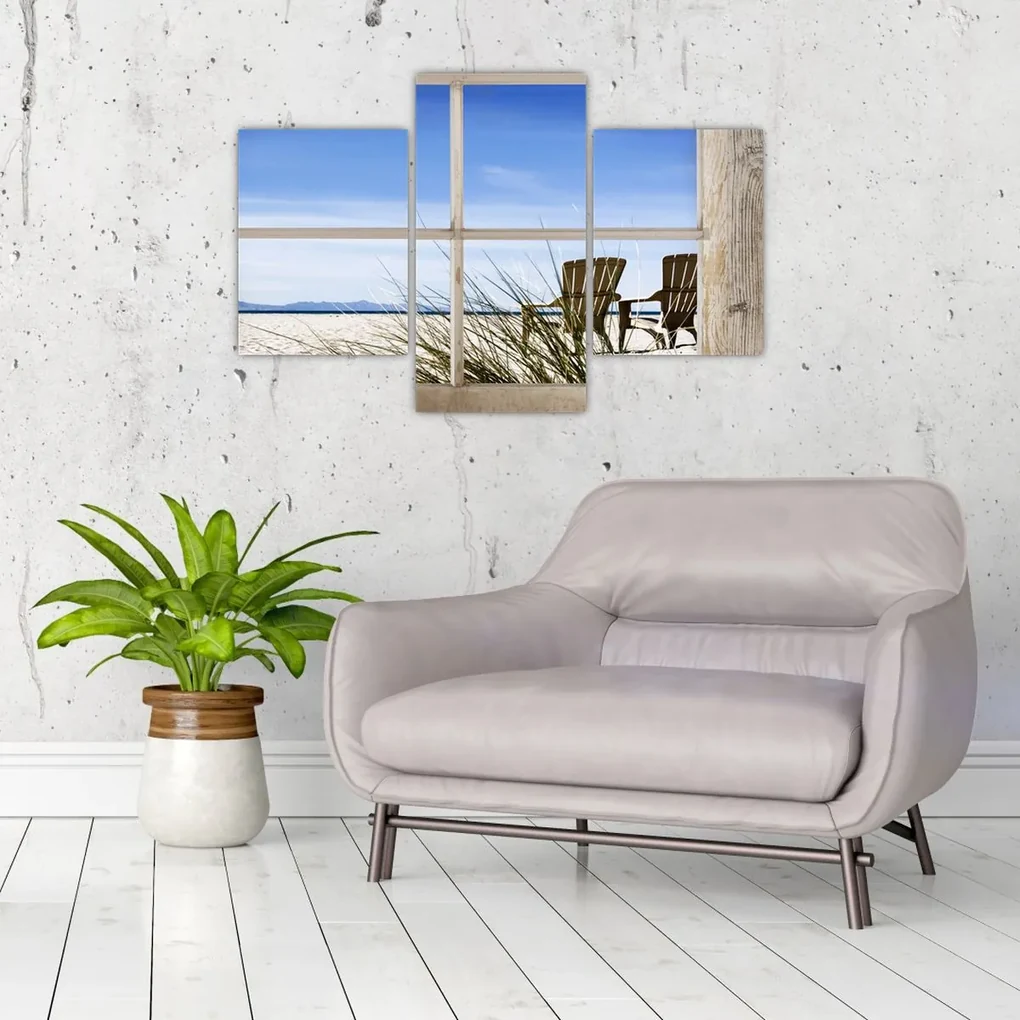 Obraz - Okno v výhľadom na pláž (90x60 cm)