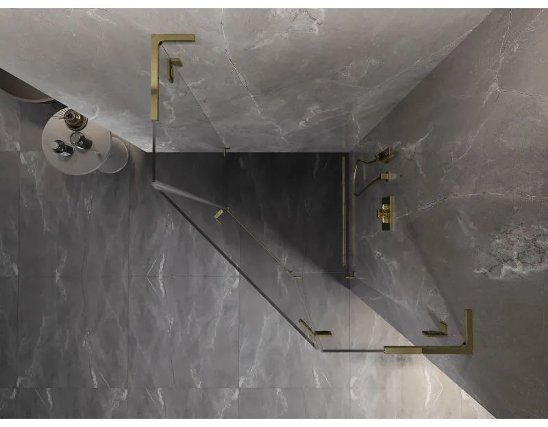 Mexen Lunar, L pravý výklopný päťuholníkový sprchový kút 100 x 100 cm, 8mm číre sklo, zlatý profil, 831L-100P-100L-50-00-P