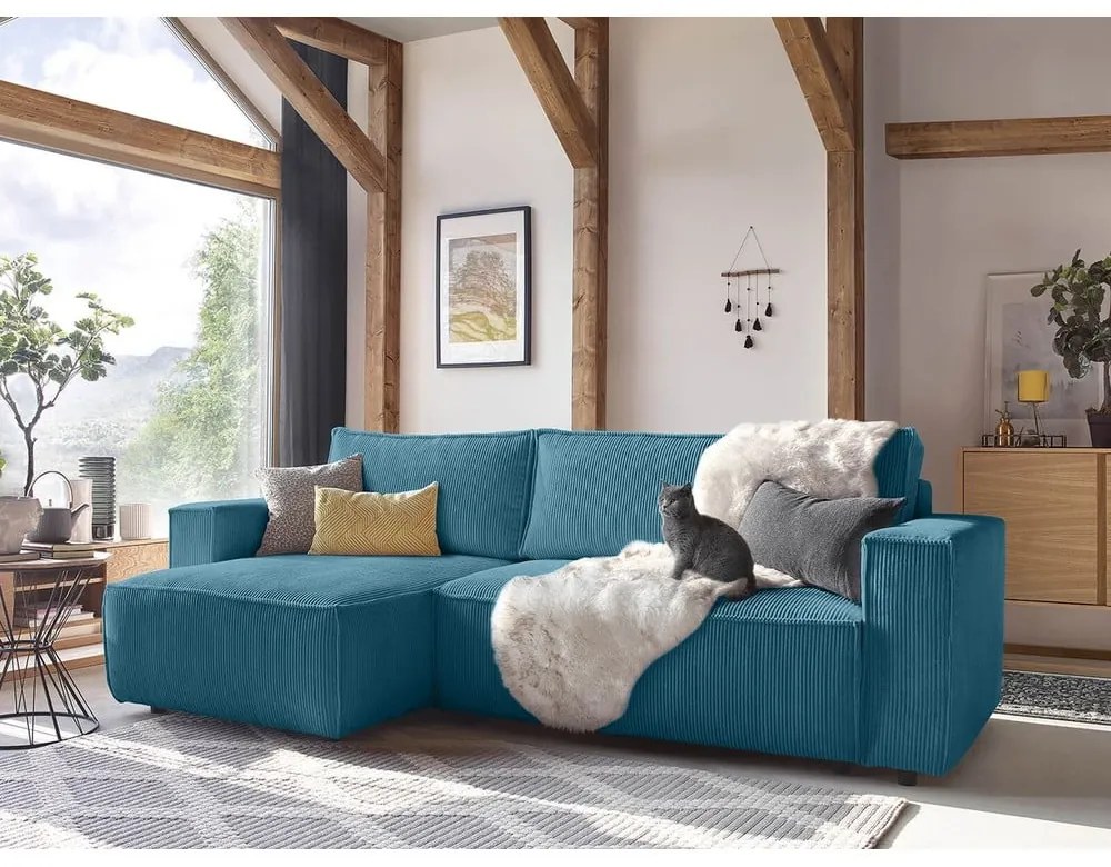 Tyrkysovomodrá menčestrová rozkladacia rohová pohovka Nihad – Bobochic Paris