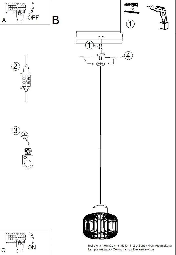 Závesné svietidlo Gabbia, 1x čierne drôtené tienidlo, drevo, (fi 35cm)