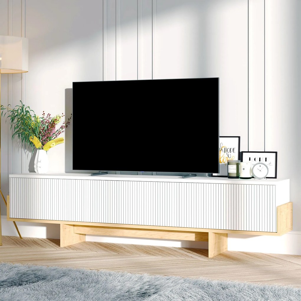 TV skrinka Hega (biela + dub zafírový). Akcia -19%. Vlastná spoľahlivá doprava až k Vám domov. 1144712