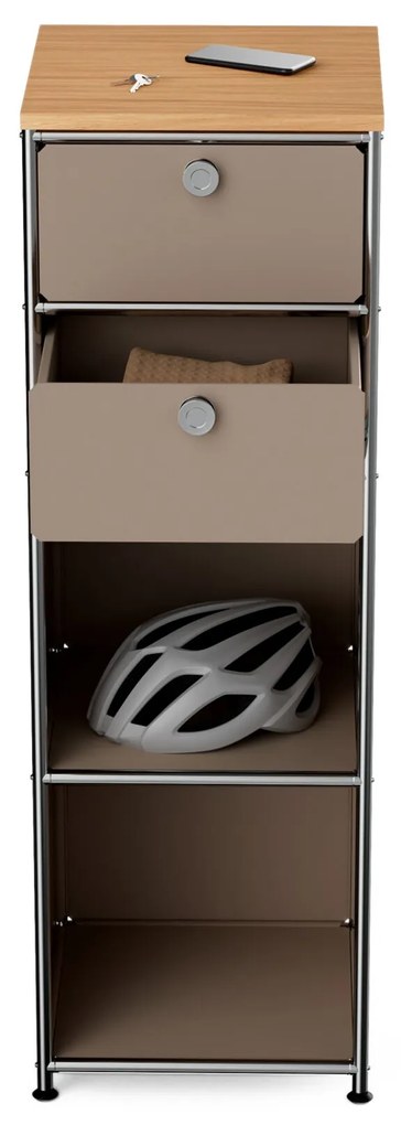 Úzka kovová komoda »CN3« s drevenou doskou a 2 zásuvkami, hnedosivá
