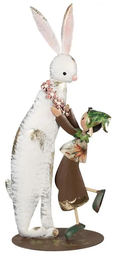 Kovová dekoratívna socha králik s dievčaťom - 25*13*57 cm