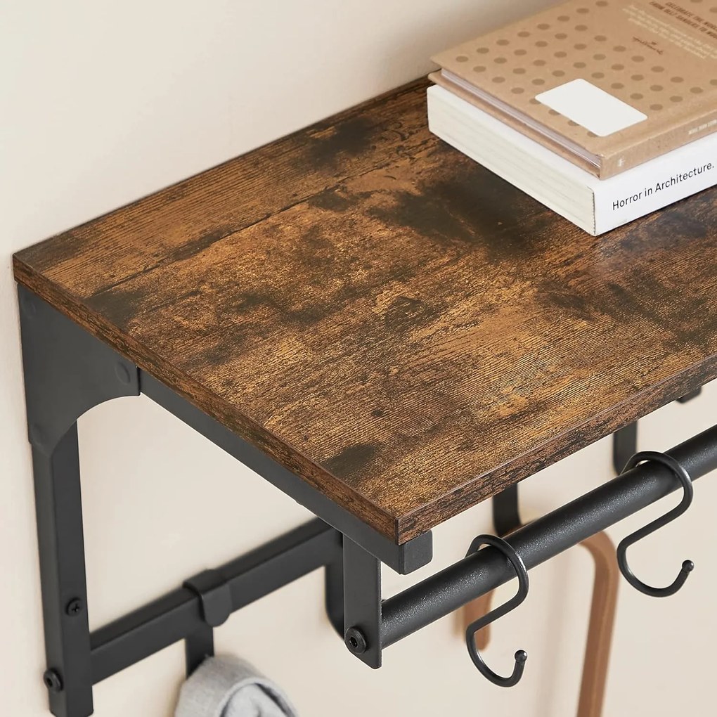 Nástenný vešiak s 8 háčikmi a policou, rustikálny hnedý