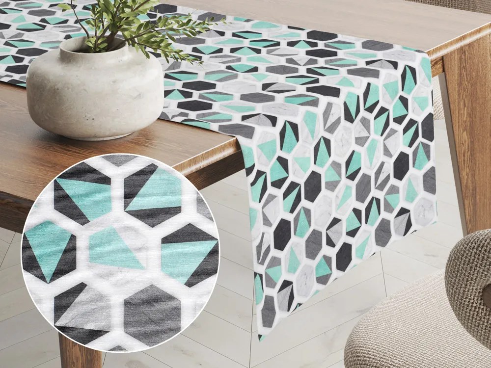 Biante Dekoračný behúň na stôl Leona LN-032 Tyrkysovo-sivé hexagóny 20x160 cm