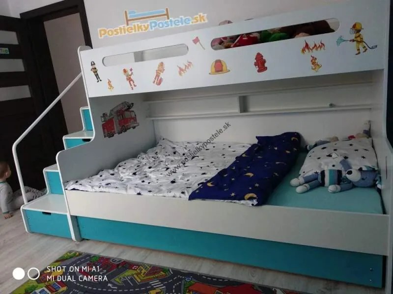 Poschodová posteľ s prístelkou MAX 3 rozšírená 200x120 biela - modrá