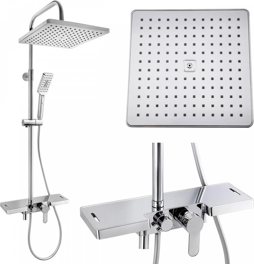 Erga Oslo, sprchový set s batériou, poličkou, výtokom a hlavovou sprchou 30×30 cm, chrómová, ERG-YKA-BP.OSLO-30-CHR