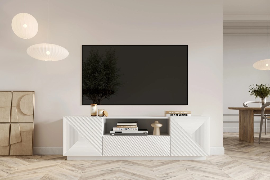 TV stolík Asha 167 cm s otvorenou policou - biely mat