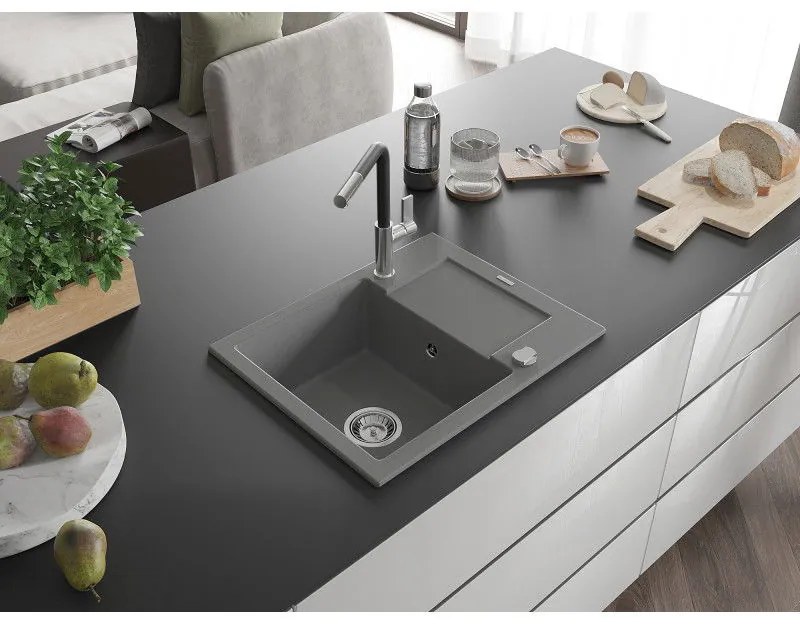 Mexen Enzo, 1-komorový granitový drez 576x465x174 mm a drezová batéria Flora, šedá, 6506-71-670401-07