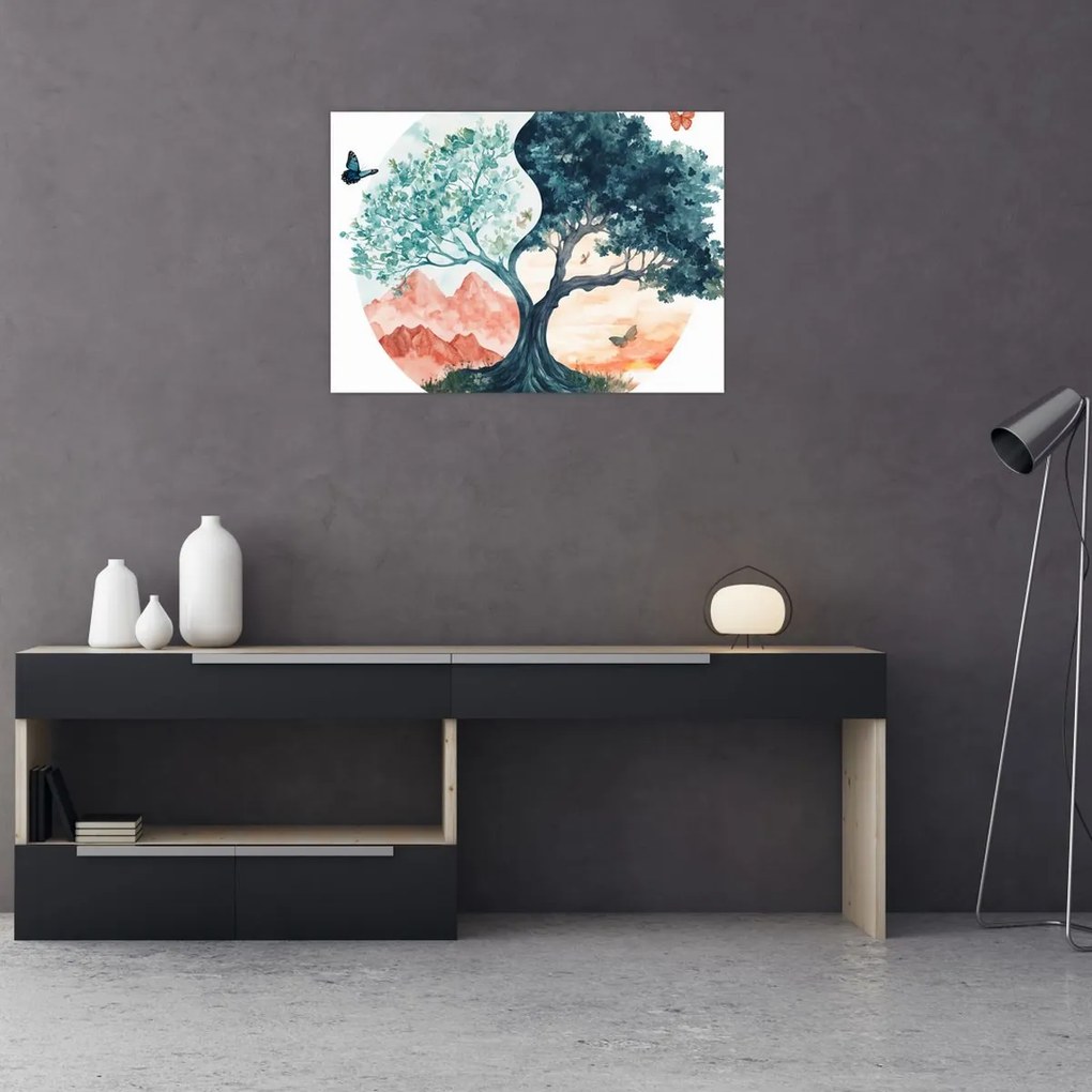 Sklenený obraz – Akvarelový strom plný života (70x50 cm)