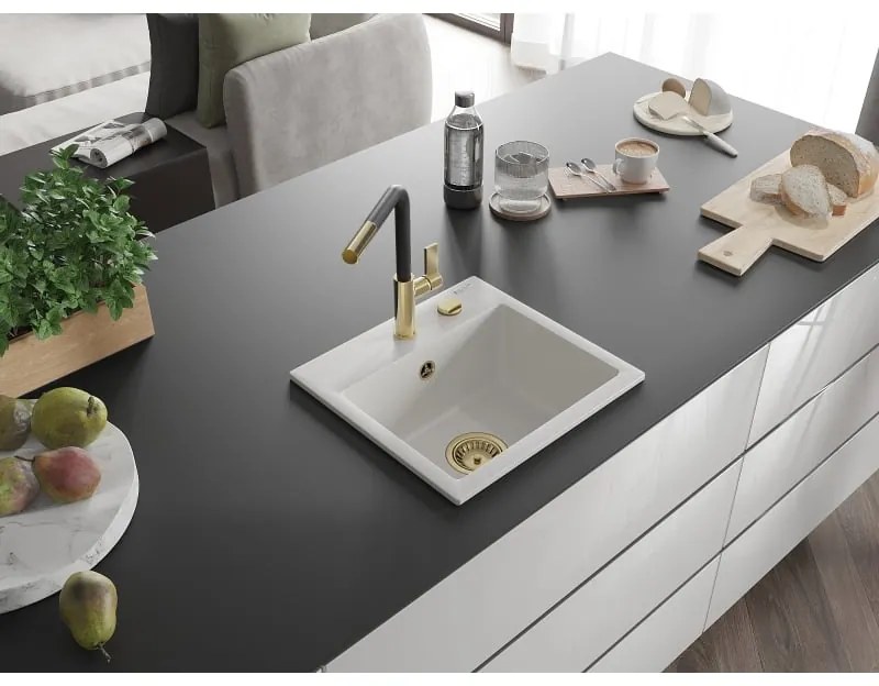 Mexen Milo, 1-komorový granitový drez 435x410x171 mm a drezová batéria Flora, biela, 6505-20-670401-57-G