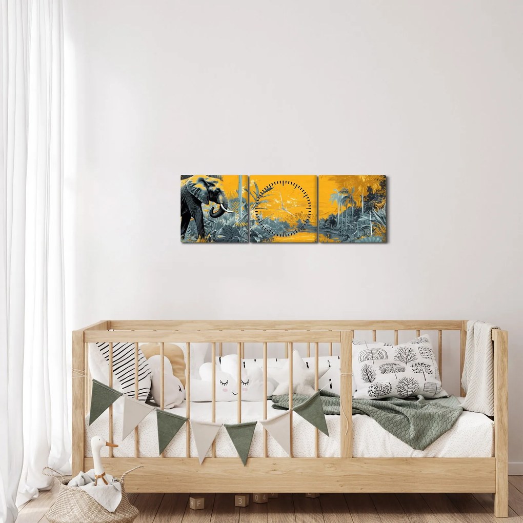 Obraz - Slon v prírode (s hodinami) (90x30 cm)
