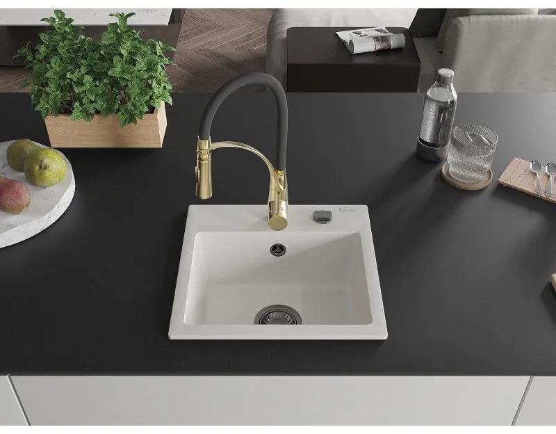 Mexen Milo, 1-komorový granitový drez 435x410x171 mm a drezová batéria Aster, biela, 6505-20-73450-57-B