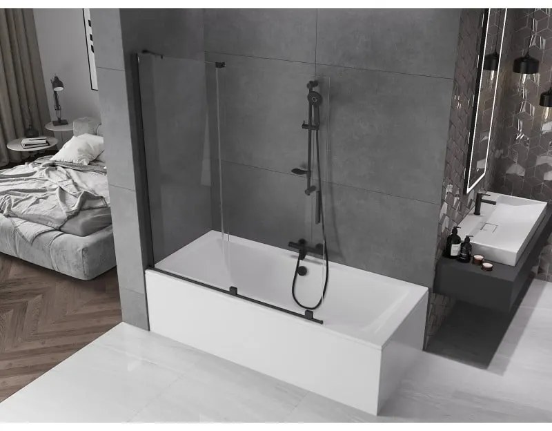 Mexen Velar, 2-krídlová posuvná vaňová zástena 140 x 150 cm, 8mm číre sklo, čierna matná, 896-140-000-01-70