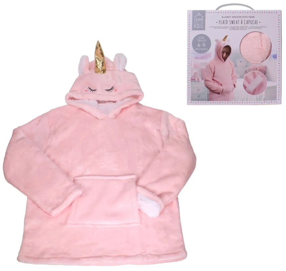 Detská mikinová deka s rukávmi a kapucňou HOODIE UNICORN ružová