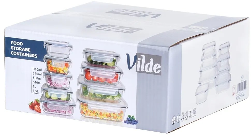 VILDE Sada 9 sklenených tesniacich dóz, SKLO - krabičky na jedlo so 4 klipmi