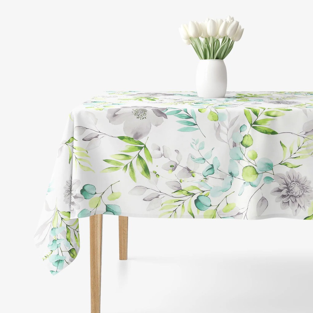 Goldea hranatý obrus 100% bavlnené plátno deluxe - eukalyptus s kvety 120 x 160 cm