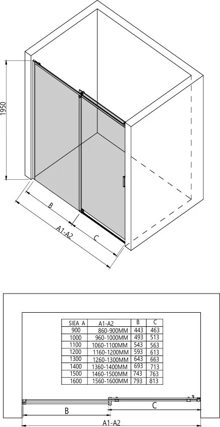 Erga Lynn, posuvné sprchové dvere do otvoru 150x195 cm, 8mm šedé sklo, čierny profil, ERG-V02-LYNN-D150-GR-BK
