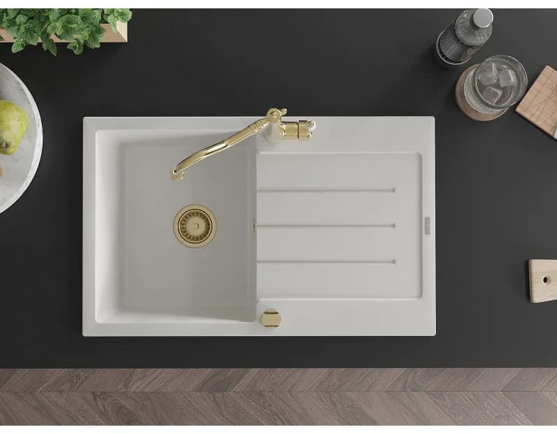 Mexen Bruno, granitový drez 795x495x200 mm, 1-komorový a drezová batéria Carla, biela, 6513-20-670700-50