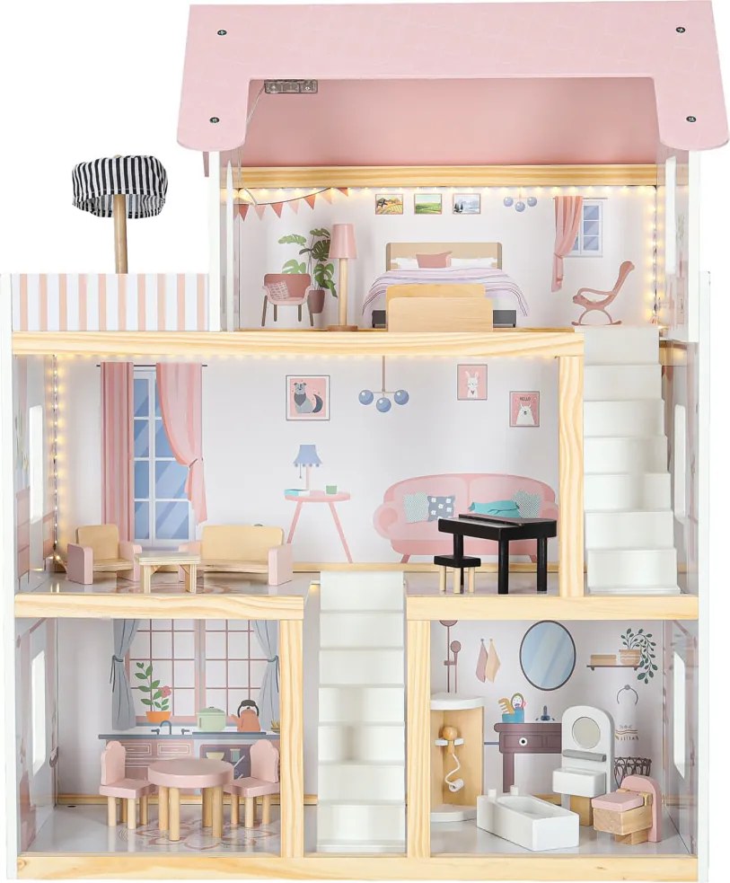KIK Drevený domček pre bábiky 78cm ružový LED
