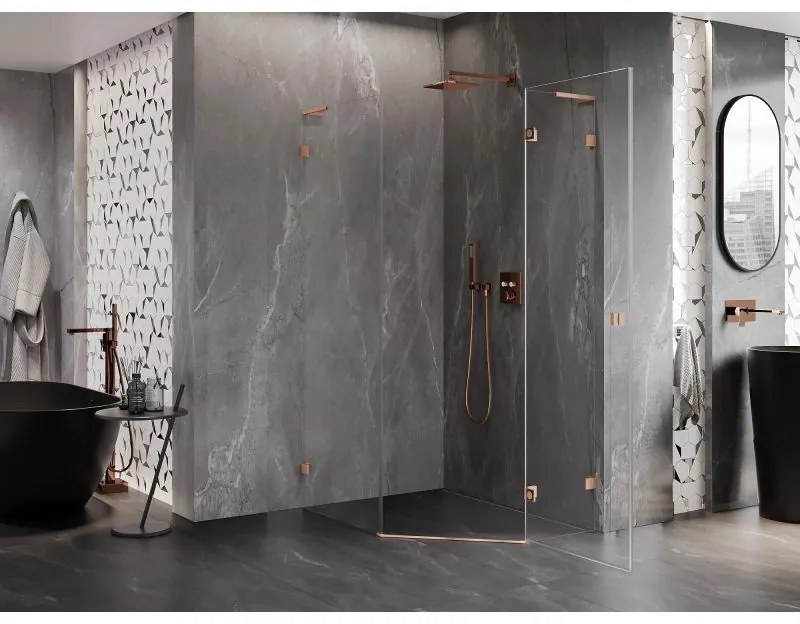 Mexen Lunar, L päťuholníkový sprchový kút s pravým sklonom 90 x 100 cm, 8mm číre sklo, profil medená matná, 831L-090P-100L-65-00-P