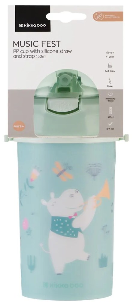 Hrnček so silikónovou slamkou a popruhom 450ml Music Fest Mint