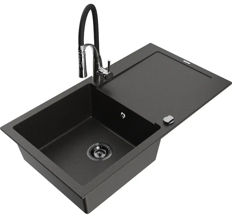 Mexen Leo, granitový drez 900x500x190 mm, 1-komorový a drezová batéria Aster, čierna-zlatá metalíza, 6501-75-73450-07-B