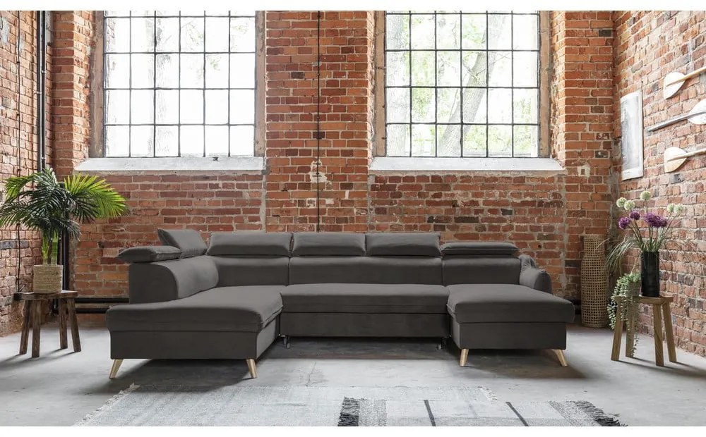 Tmavosivá zamatová rozkladacia rohová pohovka do "U" (ľavý roh) Sweet Harmony – Miuform