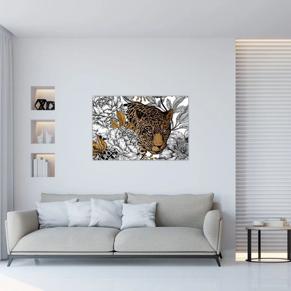 Obraz - Leopard medzi kvetmi (90x60 cm)