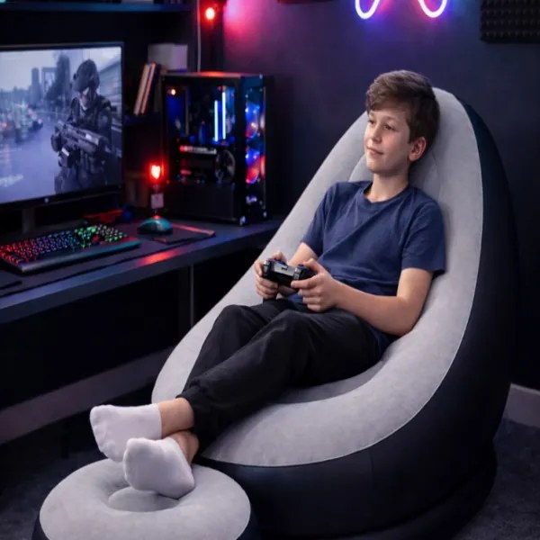 Nafukovacie relaxačné kreslo s podnožkou šedé