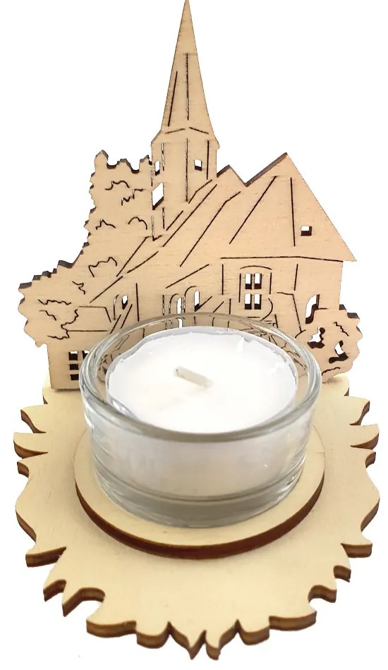 AMADEA Drevený svietnik kostol, 10 cm