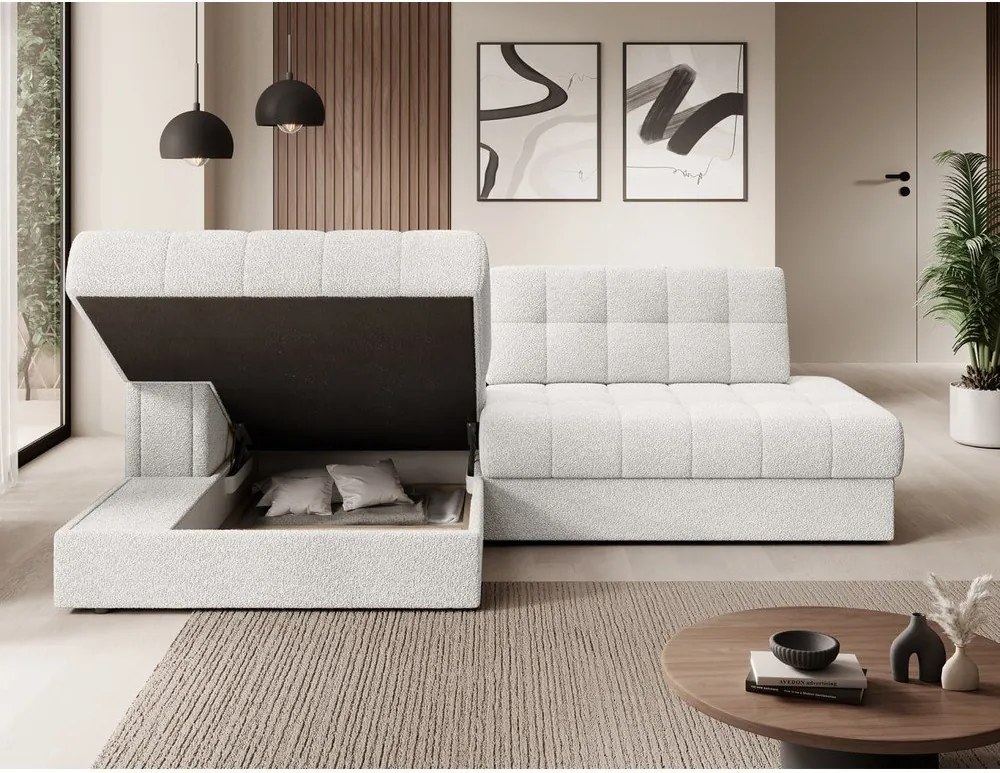 Krémovobiela rozkladacia rohová pohovka z textílie buklé (ľavý roh/s leňoškou) Blezalt – ELTAP