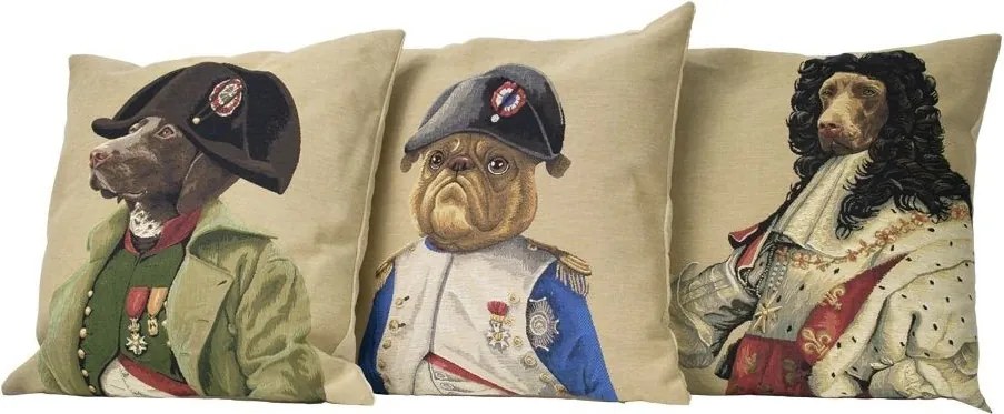 Béžový gobelínový vankúš s motívom buldočka v napoleonskej uniforme - 45 * 15 * 45cm