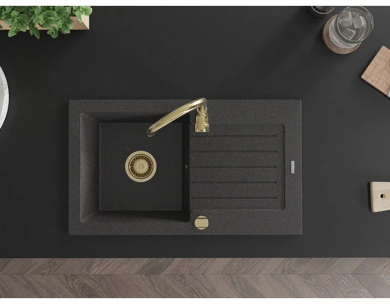Mexen Pablo, granitový drez 752x436x161 mm, 1-komorový, čierna škvrnitá so zlatým sifónom, 6510751010-76-G