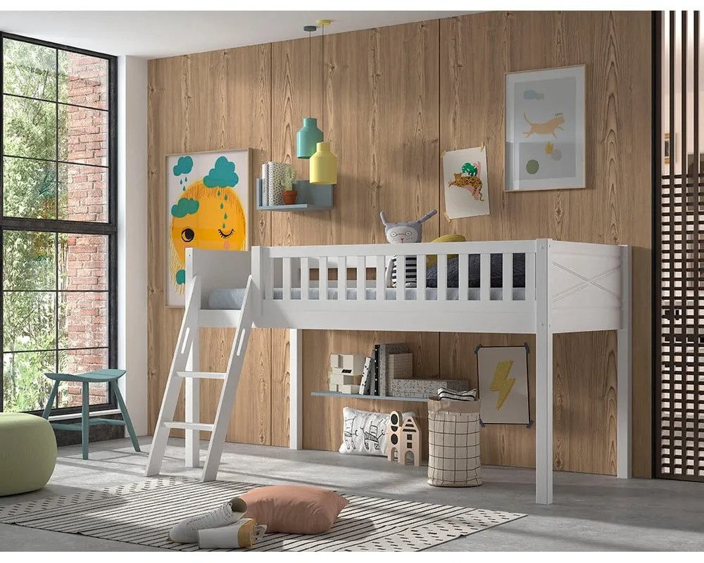 Biela vyvýšená detská posteľ z borovicového dreva 90x200 cm SCOTT – Vipack