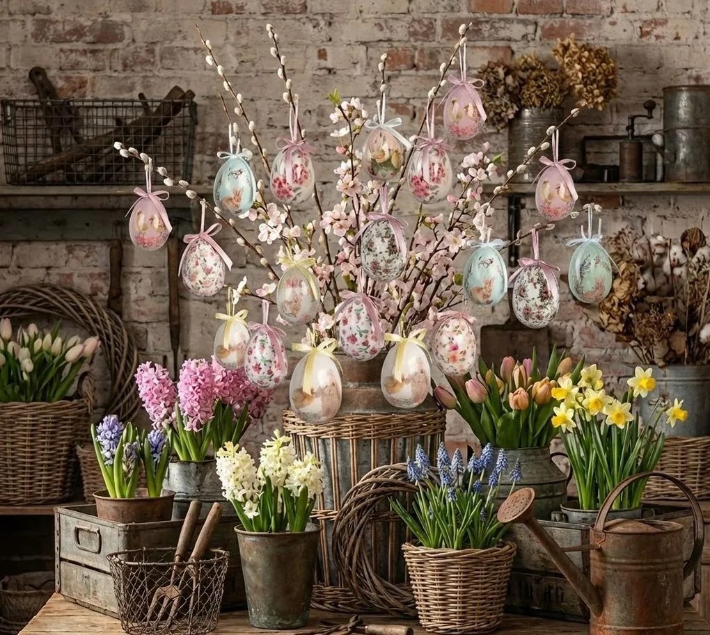 9ks dekorácia farebné závesné vajíčko s zajačikmi a kuriatkami Spring Egg - Ø 5*8 cm