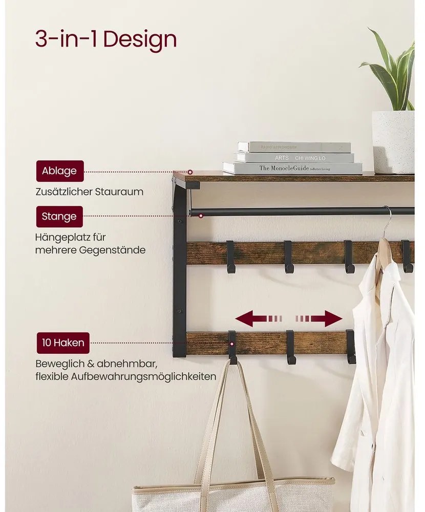 Nástenný vešiak s policou a vešiakovou tyčou, 10 háčikov, čierna, tmavo-hnedá farba, 42x80x30cm