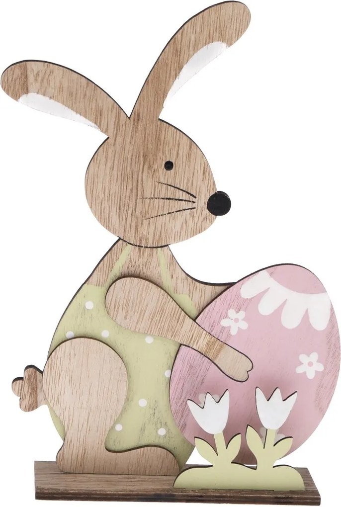 Drevená dekorácia Veľkonočný zajačik s vajíčkom, 15,5 x 23 cm