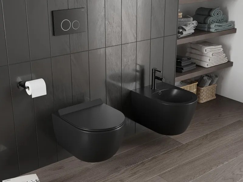 Mexen Carmen, závesná WC misa 490x365x340 mm, Rimless Tornádo + WC sedadlo z duroplastu, čierna matná, 30880185T