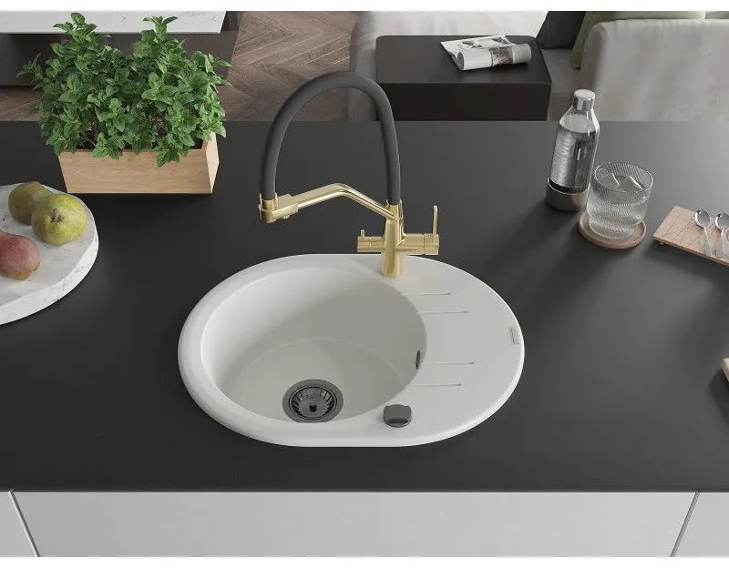 Mexen Kevin, granitový drez 586x458x190 mm, 1-komorový a biela batéria Duo, biela, 6517-20-671701-57-B