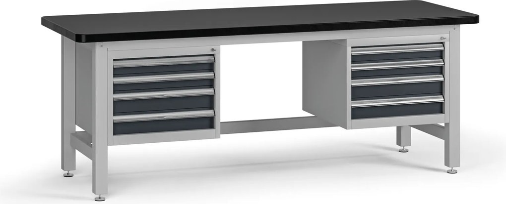 Pracovný stôl do dielne G4 s 2 závesnými boxami na náradie, MDF + PVC doska, 8 zásuviek, 2100 x 750 x 800 mm, grafit