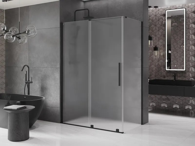 Mexen Velar, sprchový kút s posuvnými dverami 130 x 75 cm, 8mm sklo námraza, čierna matná, 871-130-075-31-70