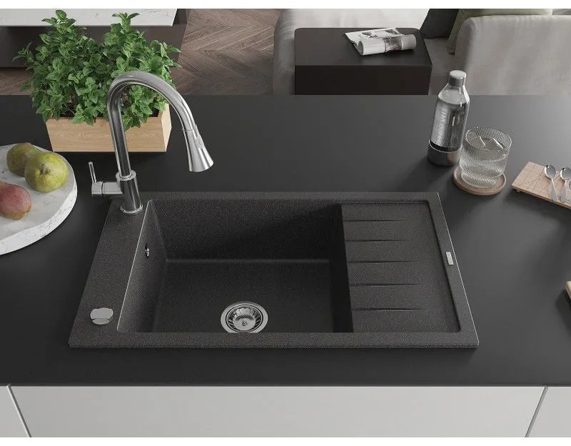 Mexen Elias, 1-komorový granitový drez 795x480x200 mm a drezová batéria Elia, čierna škvrnitá, 6511-76-670101-00