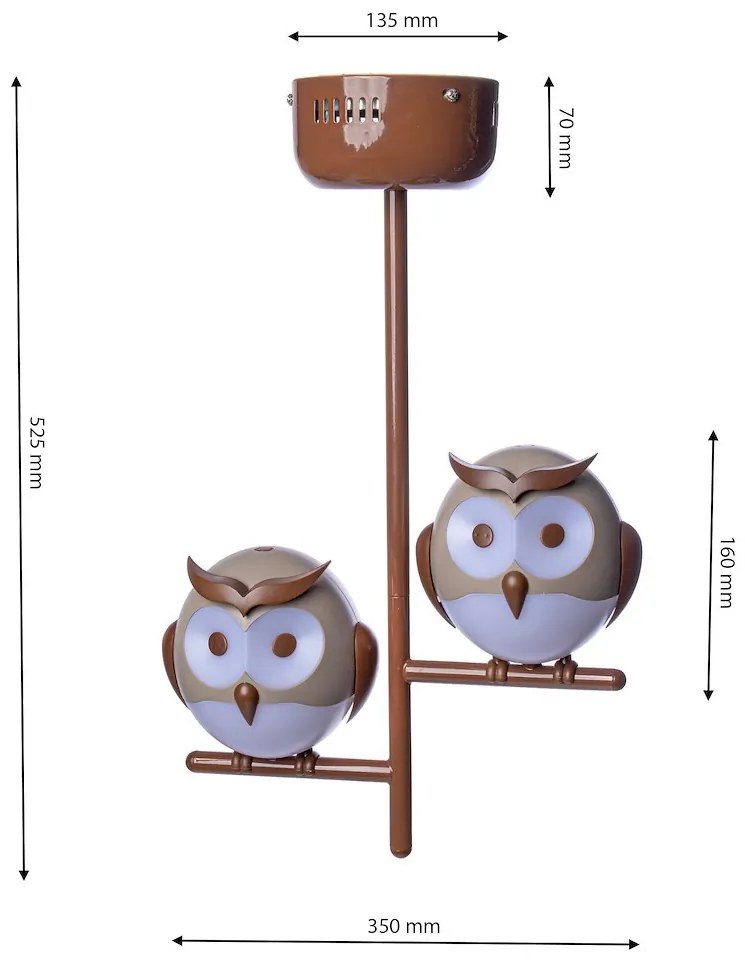 Detské stropné svietidlo Owl, 2x hnedé plastové tienidlo, br