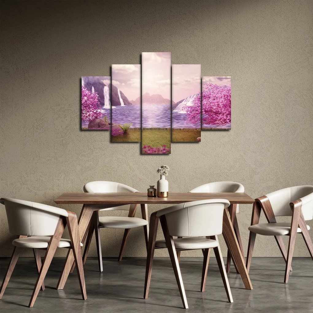 Obraz ružových stromov s jazerom (150x105 cm)