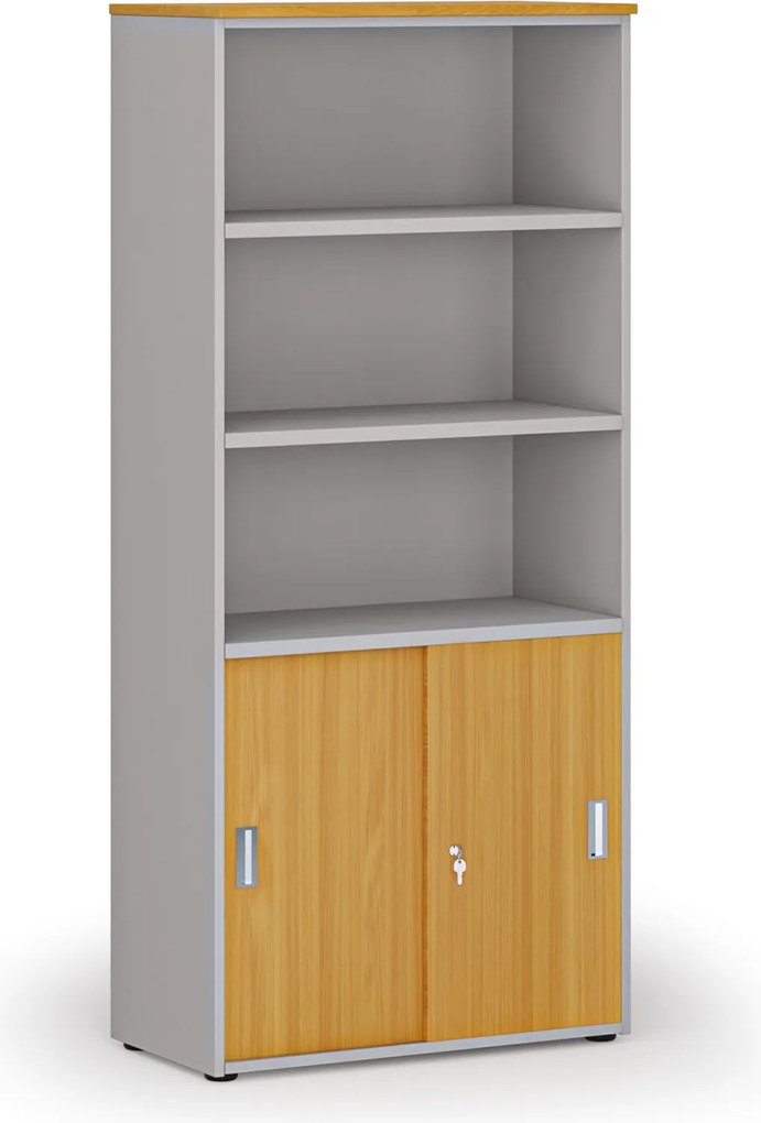 Kombinovaná kancelárska skriňa PRIMO GRAY, zasúvacie dvere na 2 poschodia, 800 x 420 x 1781 mm, sivá/buk
