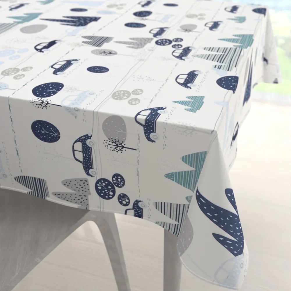 Biante Detský bavlnený štvorcový obrus Sandra SA-685 Modré autá medzi stromami na bielom 100x100 cm